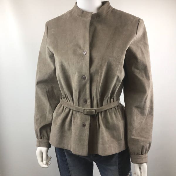 I. Magnin Stanley Sherman Ultra Suede Coat Jacket Mocha Belted Pin Pleated Waist Mandarin Collar Flattering Cut Excellent Condition Vintage