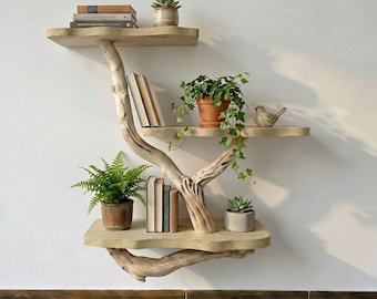 Tree branch driftwood wall mounted shelf live edge rustic decor handmade wooden art