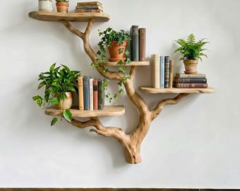Tree branch floating bookshelf wall mounted shelves unique on shelf handmade furniture for living room