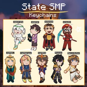 Puede incluir: Colección de llaveros State SMP con personajes de dibujos animados. Cada llavero tiene un diseño único, con personajes vestidos con diferentes atuendos y sosteniendo accesorios. El texto "State SMP Keychains" se muestra en la parte superior.