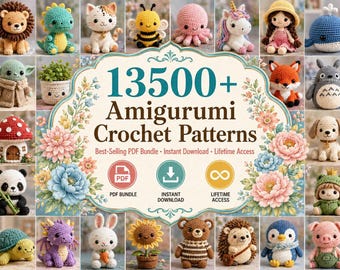 May include: A digital collection of 13500+ Amigurumi Crochet Patterns featuring a central decorative frame with floral accents and icons for PDF bundle, instant download, and lifetime access, surrounded by various crocheted animal figures.