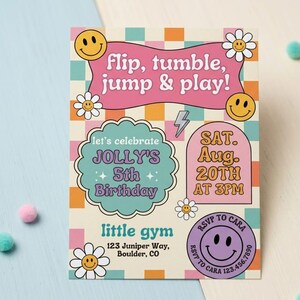 May include: A rectangular birthday invitation card featuring a colorful checkered background with pink, orange, and teal squares. The text reads flip, tumble, jump & play!, let's celebrate JOLLY'S 5th Birthday, SAT. Aug. 20TH AT 3PM, little gym, and RSVP TO CARA.