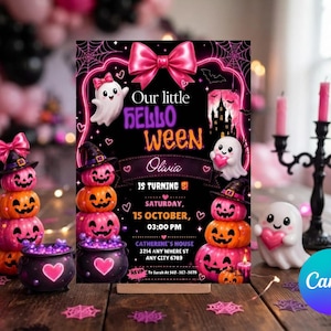 Könnte beinhalten: Eine rechteckige Einladungskarte mit schwarzem Hintergrund, pinken Neonakzenten, einer großen pinken Schleife, Geistern und gestapelten Kürbissen. Der Text lautet: Our little HELLOWEEN, Olivia, IS TURNING 5, SATURDAY, 15 OCTOBER, 03:00 PM, CATHERINE'S HOUSE, 3214 ANY WHERE ST, ANY CITY 6789.