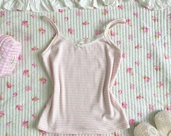 Rosa gestreiftes, geripptes Tanktop aus Baumwolle, Y2K Coquette Camisole, verstellbare Träger