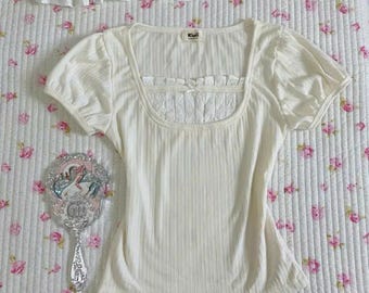 Creme Kokette Puffärmel Top, weiches Mädchen geripptes Hemd