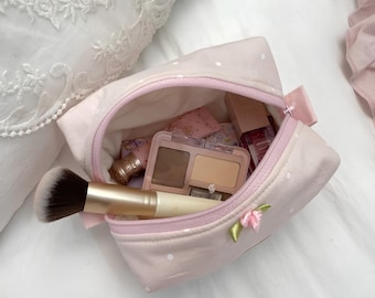 Kosmetiktasche aus weicher Baumwolle mit Kirschblütenmuster, pastellrosa gepunktetes Täschchen, personalisierte Kosmetiktasche