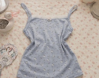 Baumwoll-Cami-Top mit Lochmuster, Spitzenbesatz, Schleife, Cottagecore-Loungewear