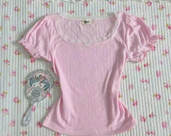 Rosa Kokette Spitzenbesatz Baby T-Shirt, weiches Mädchen Puffärmel geripptes Top