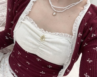 Coquette Schleifen-Cardigan-Set, roter Spitzen-Bolero und Trägertop (2-teilig)