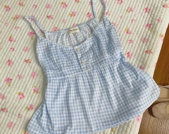 Leichtes Baumwoll-Gingham-Top, Babydoll-Sommertop, Cottagecore-Karo-Top