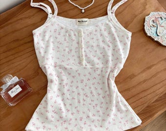 Rosa Blumen Cami Top | Coquette Button-Up Tank Top | Geripptes Baumwollhemdchen