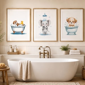 Bath Time Animals Wall Art Set of 3 | Otter, Elephant, Puppy Bathtub Prints, Printable Kids Nursery Bathroom Decor