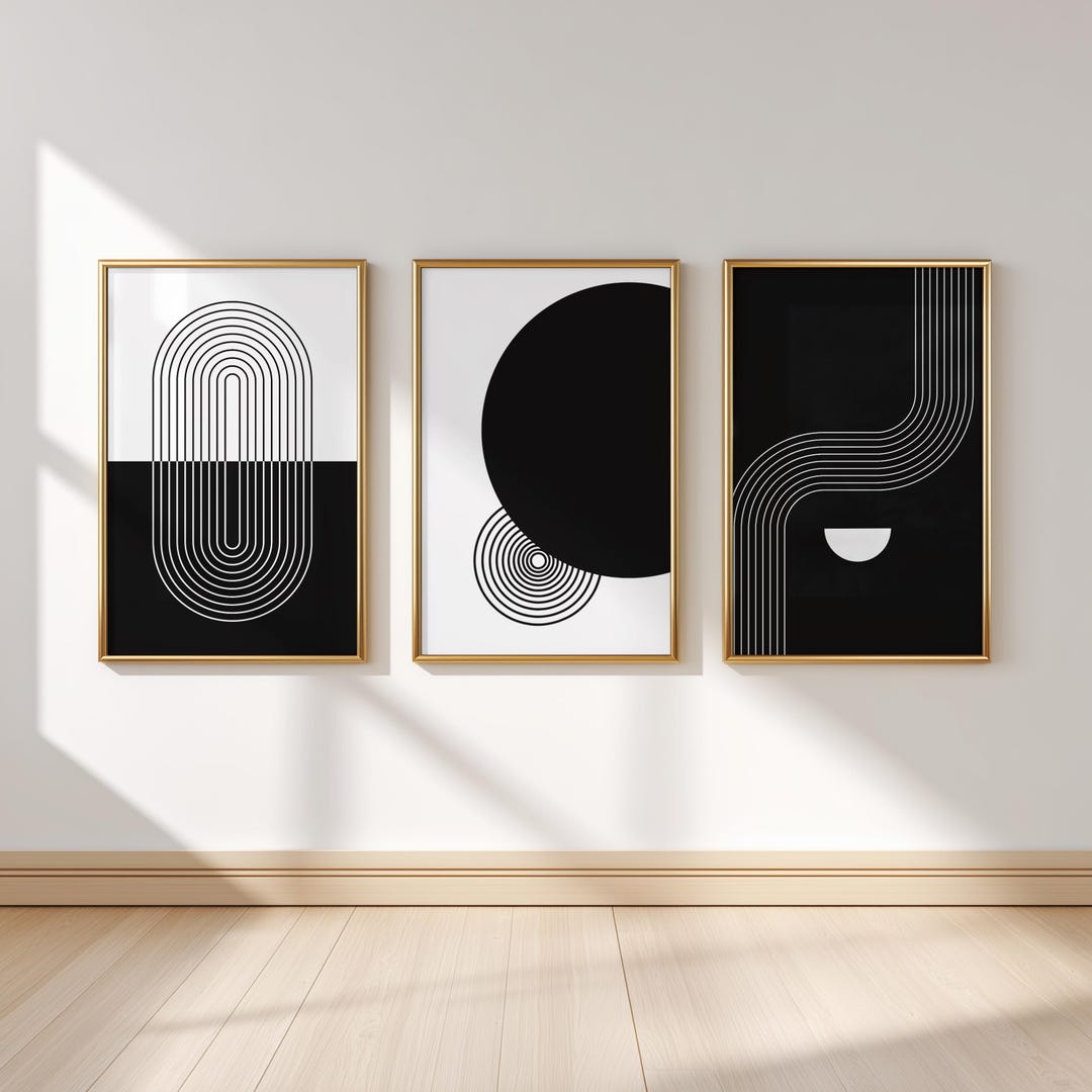 Minimalist Geometric Wall Art Set of 3 | Black & White Line Art Prints ...
