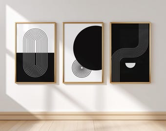 Minimalistische geometrische Wandkunst 3er-Set | Schwarz & Weiß Line Art Prints | Moderne abstrakte druckbare Wanddekoration