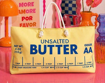 Stick of Butter Bag Large Travel Tote Bag Salted Butter Funny Totebag Overnight Carryall Gift for Foodie Oversized Beach Bag Baker Gift Idea