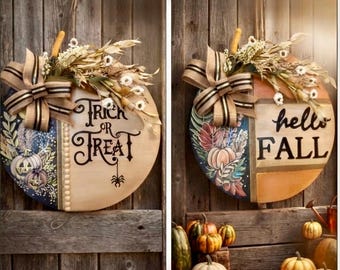 Decorazione reversibile per la porta autunnale e di Halloween, cartello in legno per la porta di Halloween, targa "Hello Fall Trick or Treat", decorazione autunnale per la porta d'ingresso.
