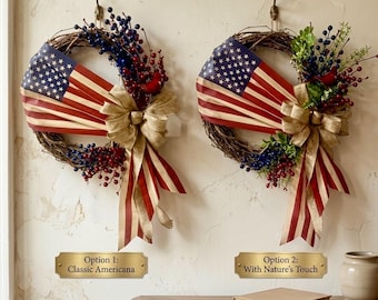 Vaterländischer Kranz für Haustür, 4. Juli Kranz mit Grün oder klassischem Americana, Gedenktag-Dekor, Traubenkranz mit Flagge