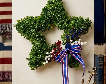 Collezione Patriottica, Ghirlanda a Stella di Bosso, Ghirlanda per il Giorno dell'Indipendenza, Ghirlanda di Verde Patriottico, Ghirlanda per il 4 luglio, Ghirlanda di luglio realizzata a mano