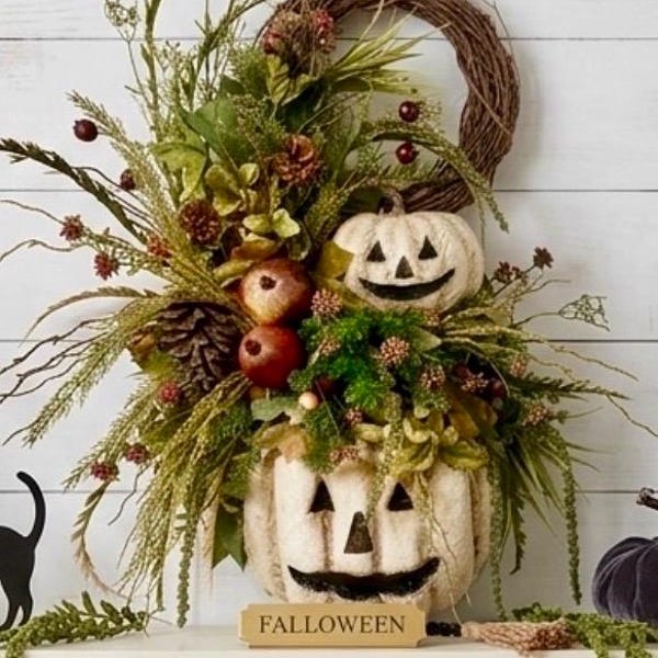 Halloween Wreath for Front Door | Luxury Stacked Pumpkin Door Decor | October Twilight Autumn Wreath