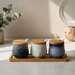 Japanese Ceramic Salt Cellar Seasoning Jar Set, Salt & Sugar Storage with Lid, Kitchen Spice Container, Household Counter Organizer