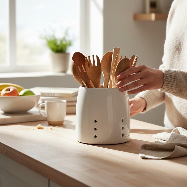Ceramic Utensil Holder Kitchen Organizer Storage Vintage Farmhouse ...