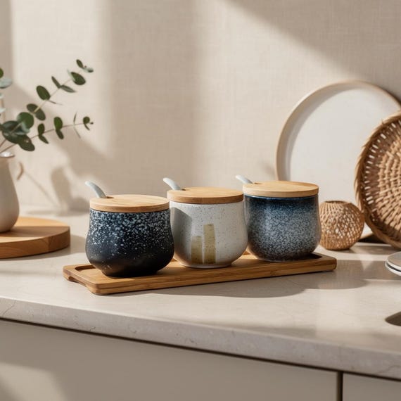 Japanese Ceramic Salt Cellar with Lid Seasoning Jar Set, Salt & Sugar Storage Kitchen Spice Container, Household Counter Organizer