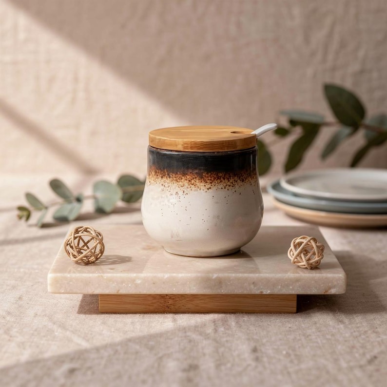 Japanese Ceramic Salt Cellar Seasoning Jar Set, Salt & Sugar Storage with Lid, Kitchen Spice Container, Household Counter Organizer