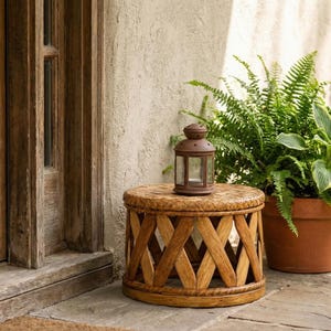 Può includere: Scena rustica all'aperto con un tavolino in legno con motivo a diamante, sormontato da una piccola lanterna. Felci in vaso e altra vegetazione verde circondano il tavolo, con una porta in legno usurato sullo sfondo.