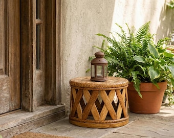 Handwoven Rattan Bamboo Stool, Round Accent Side Table, Thai Artisan Decor