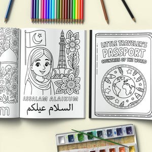 May include: Open coloring book with illustrations of children, flags, and landmarks. The book includes the text "Salam" and "Assalam Alaikum" in English and Arabic. A third page reads "Little Traveler's Passport Countries of the World".