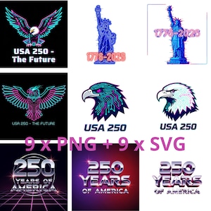May include: A collection of digital designs featuring patriotic themes. Includes images of an eagle, the Statue of Liberty, and text that reads "USA 250" and "250 Years of America". The designs use neon colors.