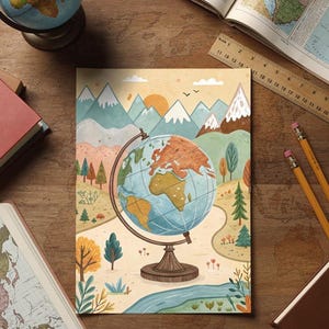 May include: A colourful illustration of a globe with a landscape scene, including mountains, trees, and a river. The globe is set on a wooden base. Other items include a globe, open books with maps, pencils, and a ruler.