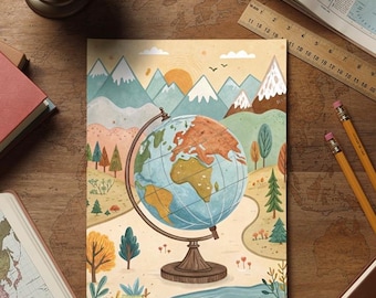 Carte d'anniversaire personnalisable sur le thème de la géographie | Globe terrestre vintage | Enseignants et géographes | 12,7 x 17,8 cm | Article numérique | Carte d'anniversaire personnalisée