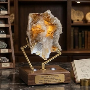 May include: A honey calcite vug specimen mounted on a brass stand with a wooden base. The base features a brass plaque reading HONEY CALCITE VUG, Private Collection, Source: Abachiomineral Mine, NM, Weight: 185g, Dim: 4.5 x 3.5 x 1.5 inches.