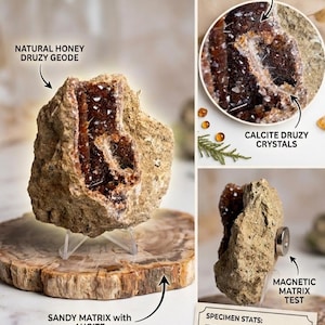 May include: A honey calcite druzy geode specimen featuring a petrified wood stick inclusion, zeolite and augite clusters, and a sandy matrix. The specimen weighs 86g and measures 2.5 inches by 2.25 inches by 1.5 inches. It is labeled Abachiminerals.