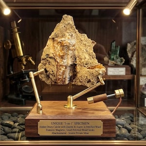 May include: A mineral specimen of amber druzy calcite with zeolite and augite in petrified wood, mounted on a wooden base with a brass articulated arm. A brass plaque reads: UNIQUE 5-IN-1 SPECIMEN, Amber Druzy Calcite with Zeolite & Augite in Petrified Wood.