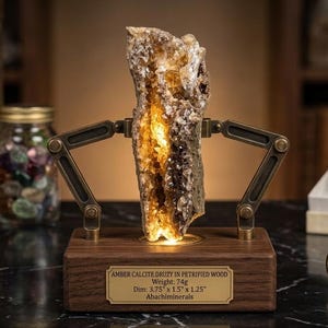 May include: An amber calcite druzy in petrified wood specimen mounted on a dark wooden base with articulated bronze-toned metal arms. A brass plaque on the base reads: Amber Calcite Druzy in Petrified Wood, Weight: 74g, Dim: 3.75 x 1.5 x 1.25, Abachiminerals.