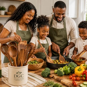 May include: A 10-piece acacia wood kitchen utensil set in a cream-colored ceramic crock with the DGC logo. The set includes various spoons, spatulas, and tongs, displayed next to its original cardboard packaging featuring the brand name and product image.