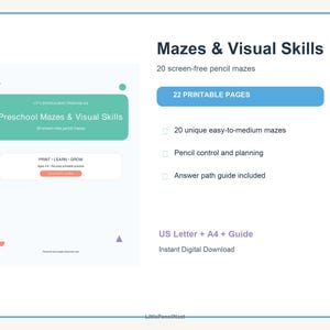 Peut inclure: Une fiche produit numérique pour Preschool Mazes & Visual Skills comprenant 22 pages imprimables, 20 labyrinthes uniques de niveau facile à moyen, des exercices de contrôle du crayon et un guide de solutions. Formats US Letter et A4 inclus.