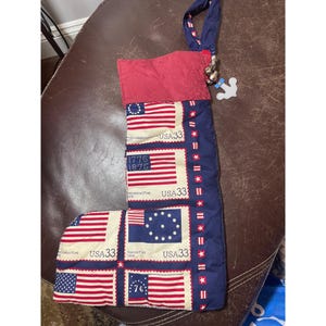 Americana Quilted Patriotic Christmas Stocking, USA Flag Farmhouse Holiday Decor