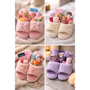 May include: Four images showcasing gift sets. Each set features a pair of fluffy slippers filled with various self-care items like lotions, bath bombs, and small toys. The slippers come in pink, cream, and lavender colors, with bows on some.