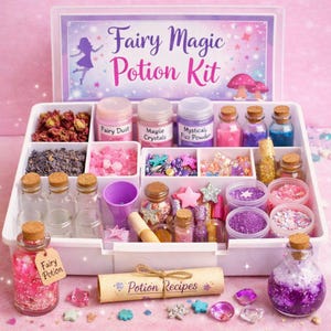 May include: A white plastic Fairy Magic Potion Kit with various colorful ingredients, including jars of Fairy Dust, Magile Crystals, and Mystical Fizz Powder. The kit includes a scroll with "Potion Recipes" and a bottle labeled "Fairy Potion."