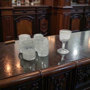 May include: A collection of clear, textured glass drinkware on a dark wooden bar. The assortment includes four small tumblers and one stemmed glass. The bar has ornate carvings and a reflective surface, with a cigar resting on the side.