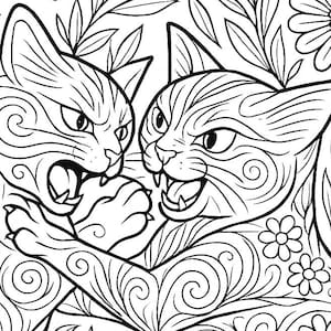Könnte beinhalten: Schwarz-Weiß-Illustration von zwei Katzen in einem stilisierten, wirbelnden Design. Die Katzen stehen sich gegenüber, mit geöffneten Mäulern und sichtbaren Zähnen, umgeben von Blumen- und Blättermustern. Geeignet zum Ausmalen.