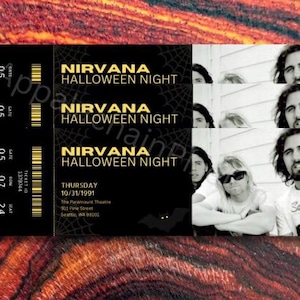 May include: Black and gold Nirvana Halloween Night concert ticket. The ticket features the band's name, date, and venue, with a black and white photo of the band members. The background is a swirling orange and brown pattern.