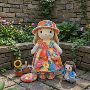 Könnte beinhalten: Eine gehäkelte Kaninchenpuppe in einem mehrfarbigen Blumenkleid mit passendem Sonnenhut und einer kleinen Umhängetasche. Neben dem Kaninchen stehen eine gehäkelte Sonnenblume im Topf, ein kleiner geflochtener Korb und ein kleiner gehäkelter Igel.
