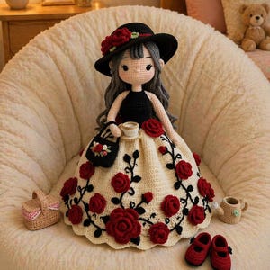 Könnte beinhalten: Eine handgefertigte Häkelpuppe mit grauem Haar, die einen schwarzen Hut mit roten Rosen, ein schwarzes Oberteil und einen cremefarbenen Rock mit roten Rosen und schwarzen Ranken trägt. Sie hält eine Tasse und eine schwarze Tasche, dazu ein kleiner Korb und Schuhe.