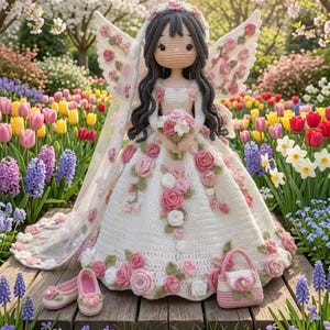 Könnte beinhalten: Eine gehäkelte Puppe mit langem dunklem Haar, die ein weißes Kleid mit rosa und weißen Blumenapplikationen, einen passenden Kopfschmuck und Flügel trägt. Die Puppe hält einen kleinen Blumenstrauß und wird von einem Paar Schuhe und einer Handtasche begleitet.