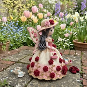 Könnte beinhalten: Eine gehäkelte Feenpuppe mit langem grauem Haar, die einen breitkrempigen Hut mit rosa und roten Rosen trägt, sowie ein cremefarbenes Kleid mit rosafarbenem Farbverlauf am Saum, gestickten Ranken und roten Rosenapplikationen und passenden Flügeln.