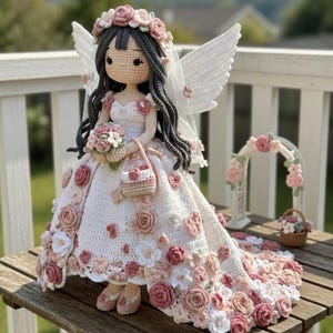 Könnte beinhalten: Eine gehäkelte Puppe mit dunklem Haar, die ein weißes Kleid mit rosa und weißen Blumenapplikationen, einen passenden Blumenkranz und einen Schleier trägt. Die Puppe hat weiße Flügel, hält einen kleinen Blumenstrauß und eine Handtasche.